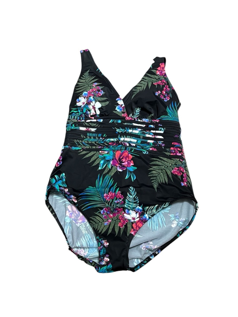 Aqua Green Black Swimsuit with Teal & Pink Floral Accent, Size L NWT - Picture 2 of 6